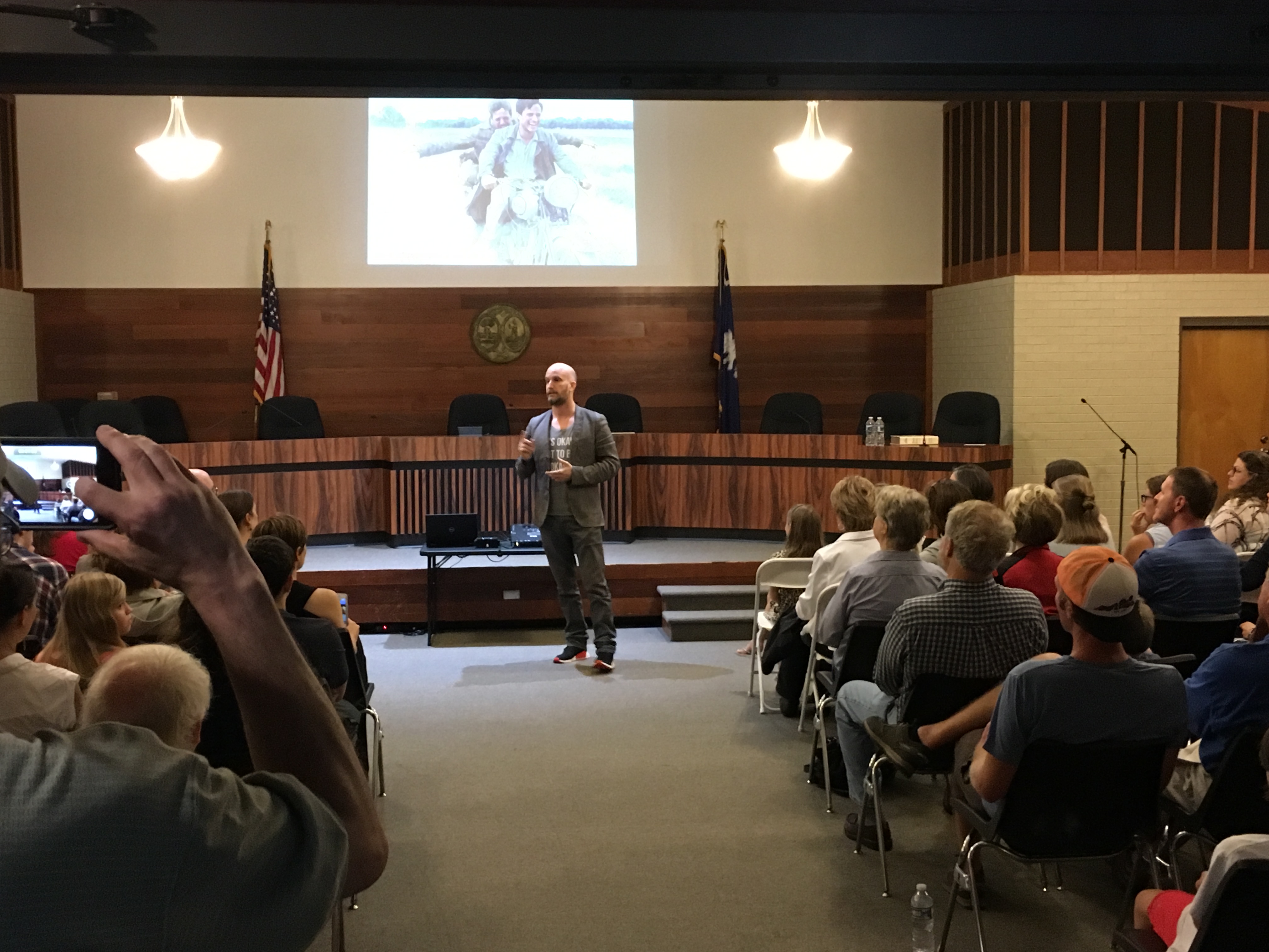 "The Kindness Diaries" host Leon Logothetis conducting workshop at Travelers Rest City Hall